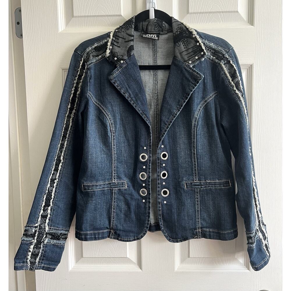 ETHYL Vintage Y2K Blk Net Embroidered Rhinestone Fitted Denim Jean Jacket Sz M - Picture 3 of 12